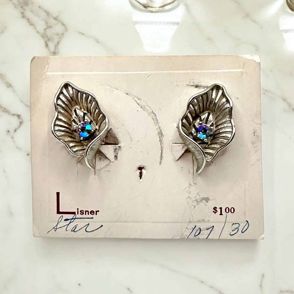 Vintage LISNER Earrings Silver Tone Open Detail Leaf Clip On Rhinestone Signed